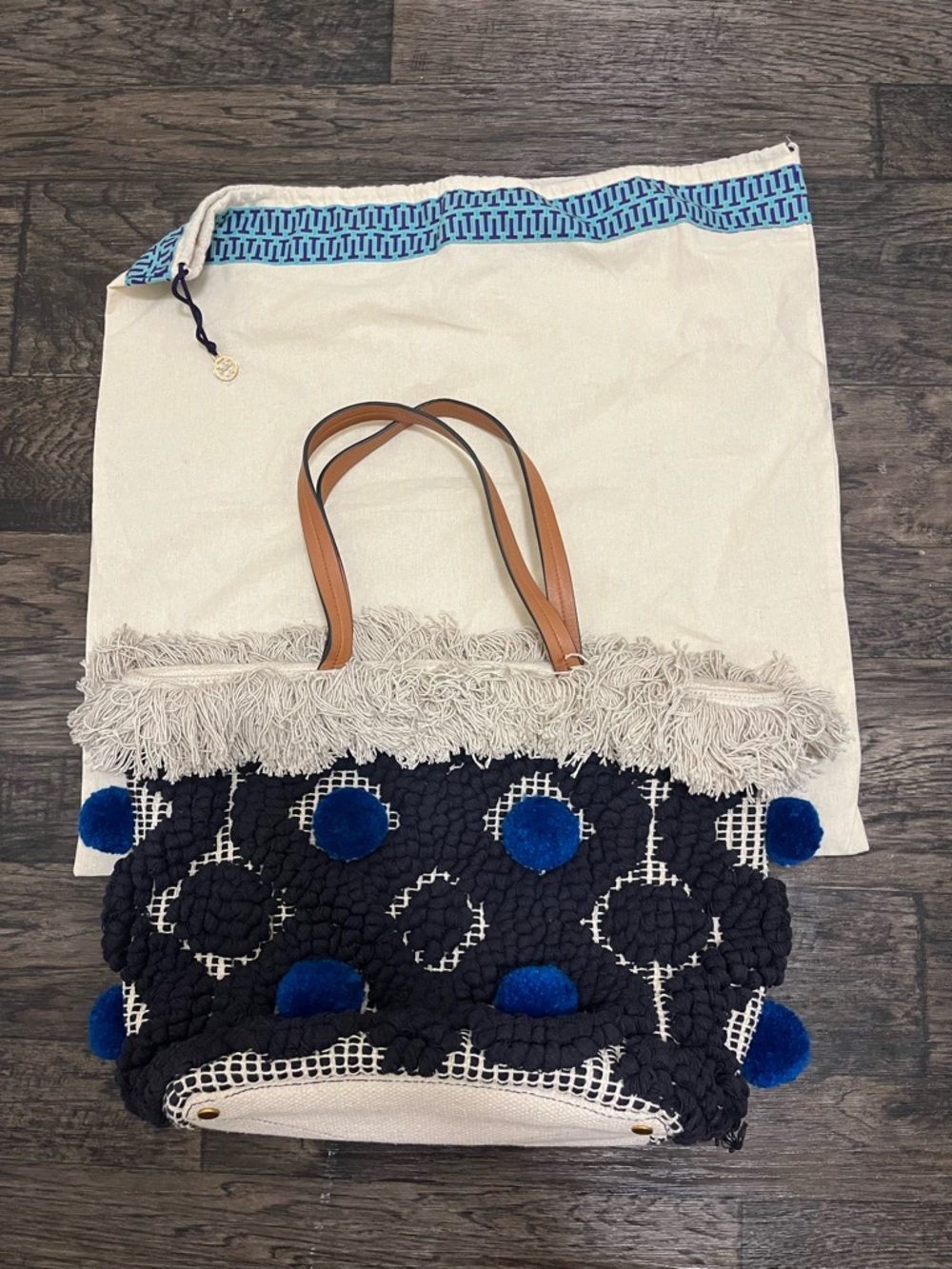 Tory Burch Navy Woven Tote with Blue Pom-Poms and Tan Handles